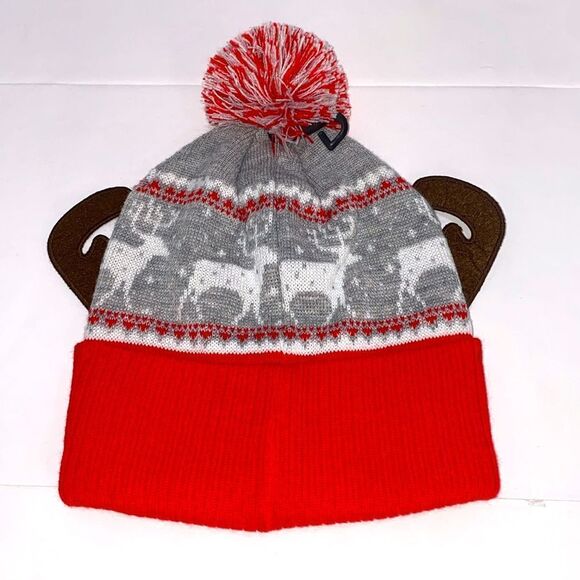 Ugly Stuff Supply Grey Heather Reindeer Print 3D Antler Pompom Knit Cap Hat - Picture 4 of 7